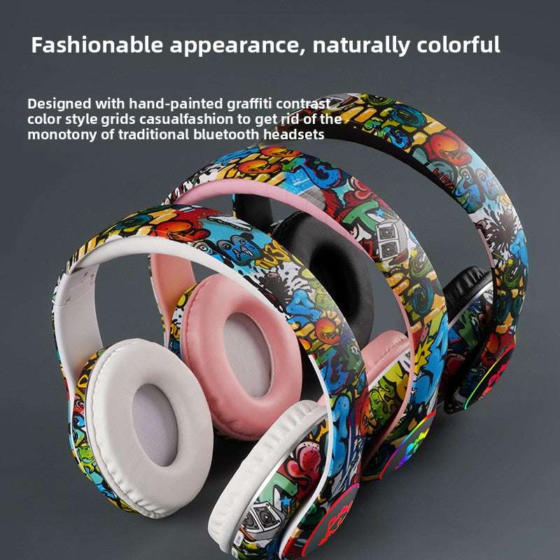 Bluetooth Glowing graffiti headphones, Luminous Design, Card Insertable- Supports memory card insertion, Multi-Compatibility, Long Battery Life 200mAh battery capacity, Lightweight 200g