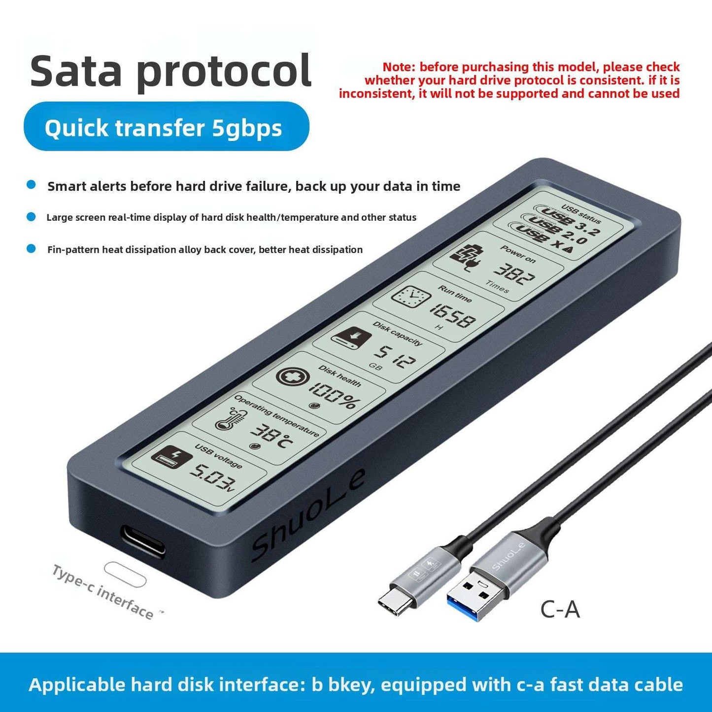 Hard Drive Box, M.2 Smart Screen Display SSD Enclosure USB, Smart Screen Display: Features a built-in screen to monitor real-time data transfer status, Universal Compatibility, Durable Build