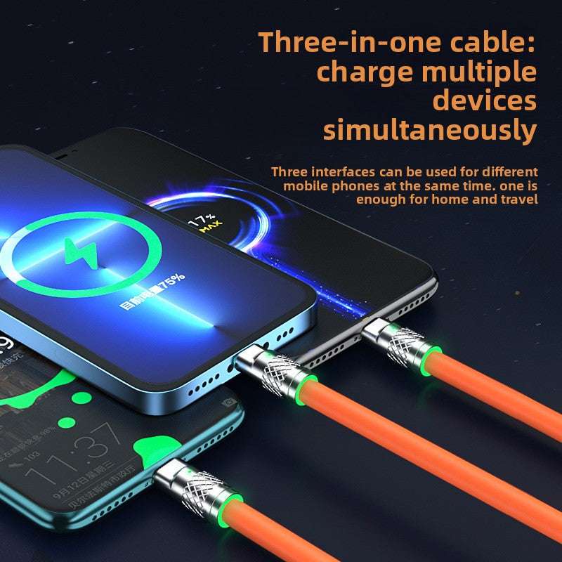 Zn Alloy Fast Cable, High Power Fast Charging: 120W output, Multi-Device Support: One-to-three design with Lightning, Micro USB, and Type-C interfaces, Wide Compatibility, Durable Material: Silicone construction for flexibility and longevity