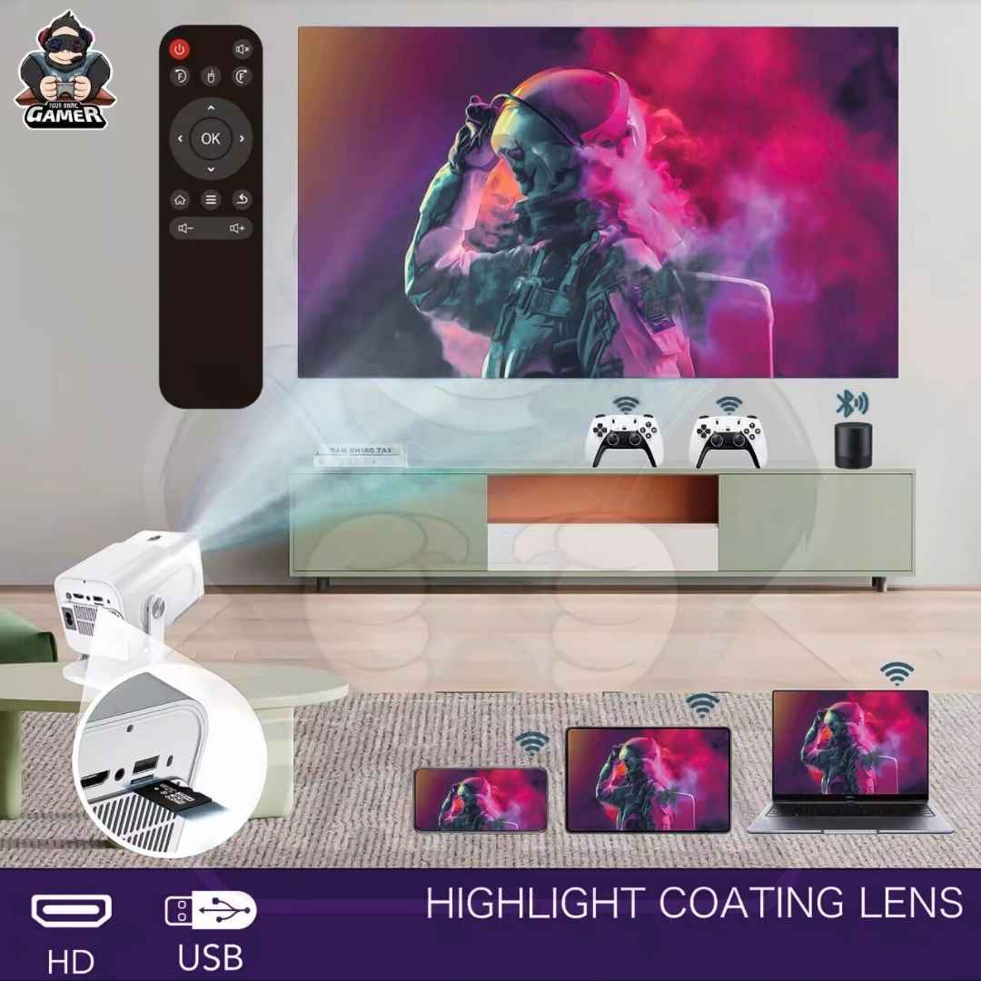 Gaming setup with a projector, TV, and gaming devices on a wooden floor.