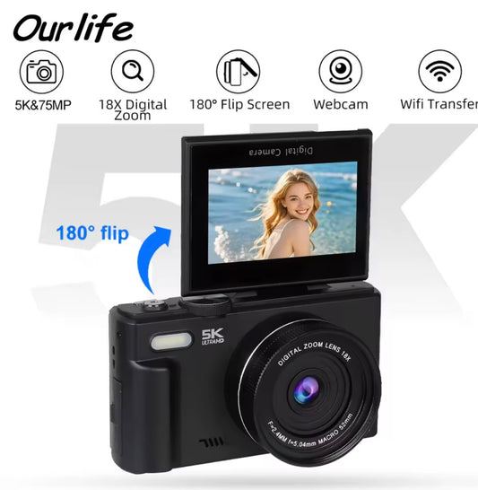 Professional Digital Camera,🔍 18× real optical zoom – no phone camera has,🤳 3” Flip screen –creative angles phone can’t handle,🎥 True 5K HD video – 🖼️ Sharp 75MP photos – Capture details phones often miss, 200G Light-portable & Long Battery