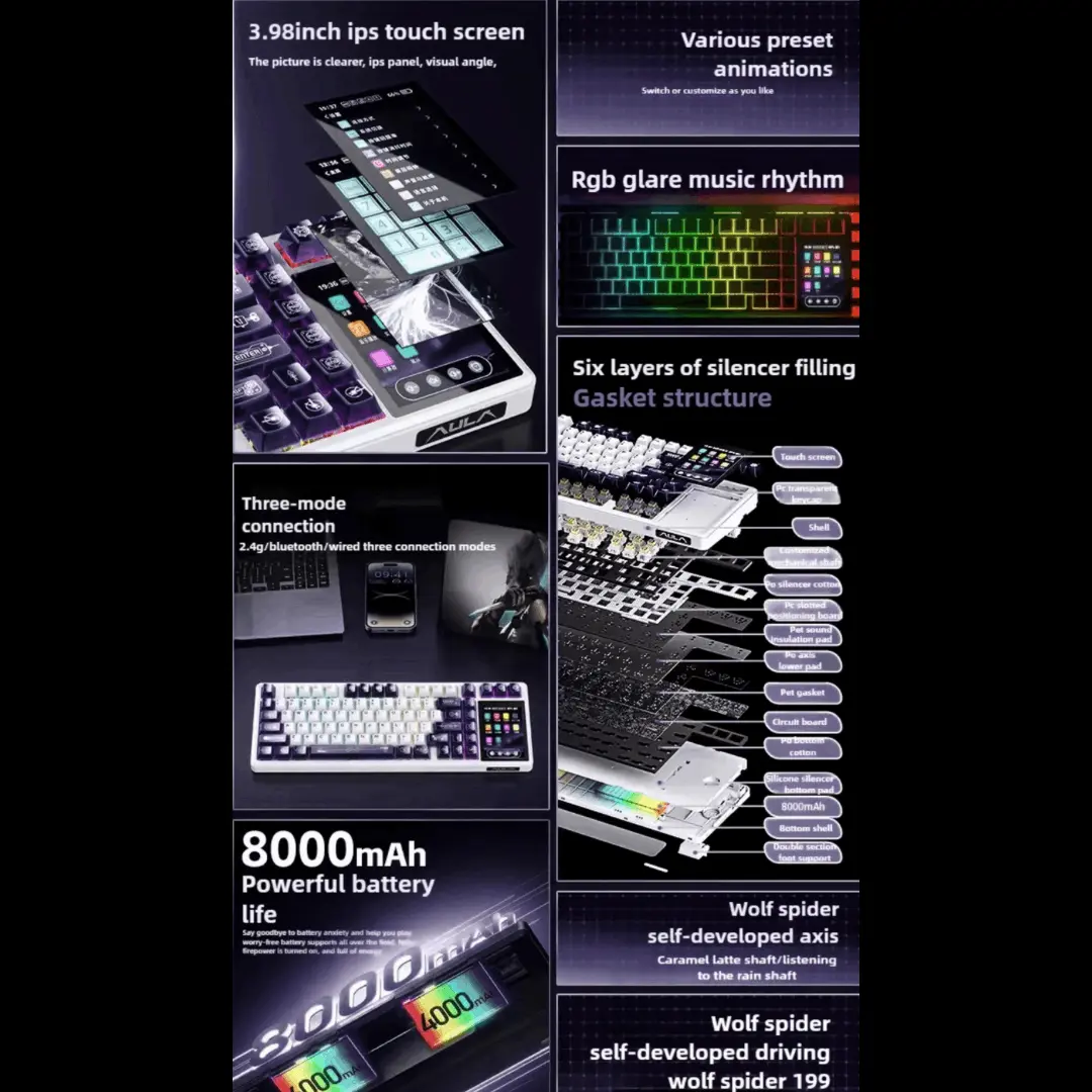 Aula L99 Mechanical Gaming Keyboard, 3.98-inch IPS Touch Screen, RGB LIGHTING: 16 million colour Backlight, SOUND OPTIMIZATION, 8000mAh Battery, Triple Connection Mode