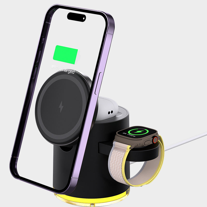 3-in-1 Wireless Charger, Magsafe Technology, 15W Fast Charging, Built-in Atmosphere Light, Universal Compatibility: Supports Samsung/Apple watches and QC protocol devices (phone)