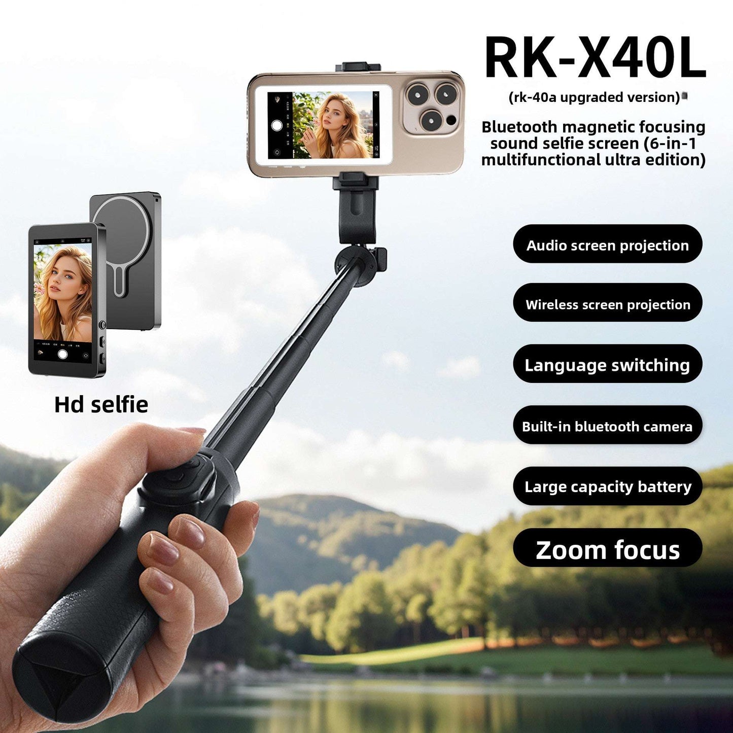 Magnetic Wireless Phone Selfie, Screen Mirror with Zoom and Audio, Magnetic Attachment, 4-inch HD Display, Multi-Platform Compatibility: Works with both iOS and Android devices via Type-C interface, Audio Support: Includes built-in audio functionality