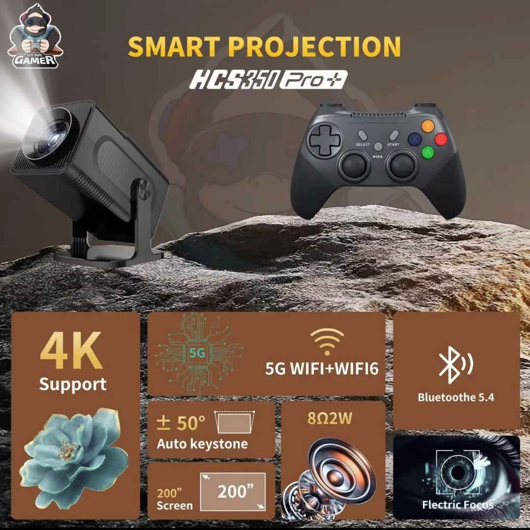 HCS350 Home Theater Projector Plus Gaming, 4K Projector, Gaming Console - Built in games, High-resolution 1080, Supports up to 150-inch screen and 180 Degrees, WiFi Bluetooth, Memory Card Dual Speakers