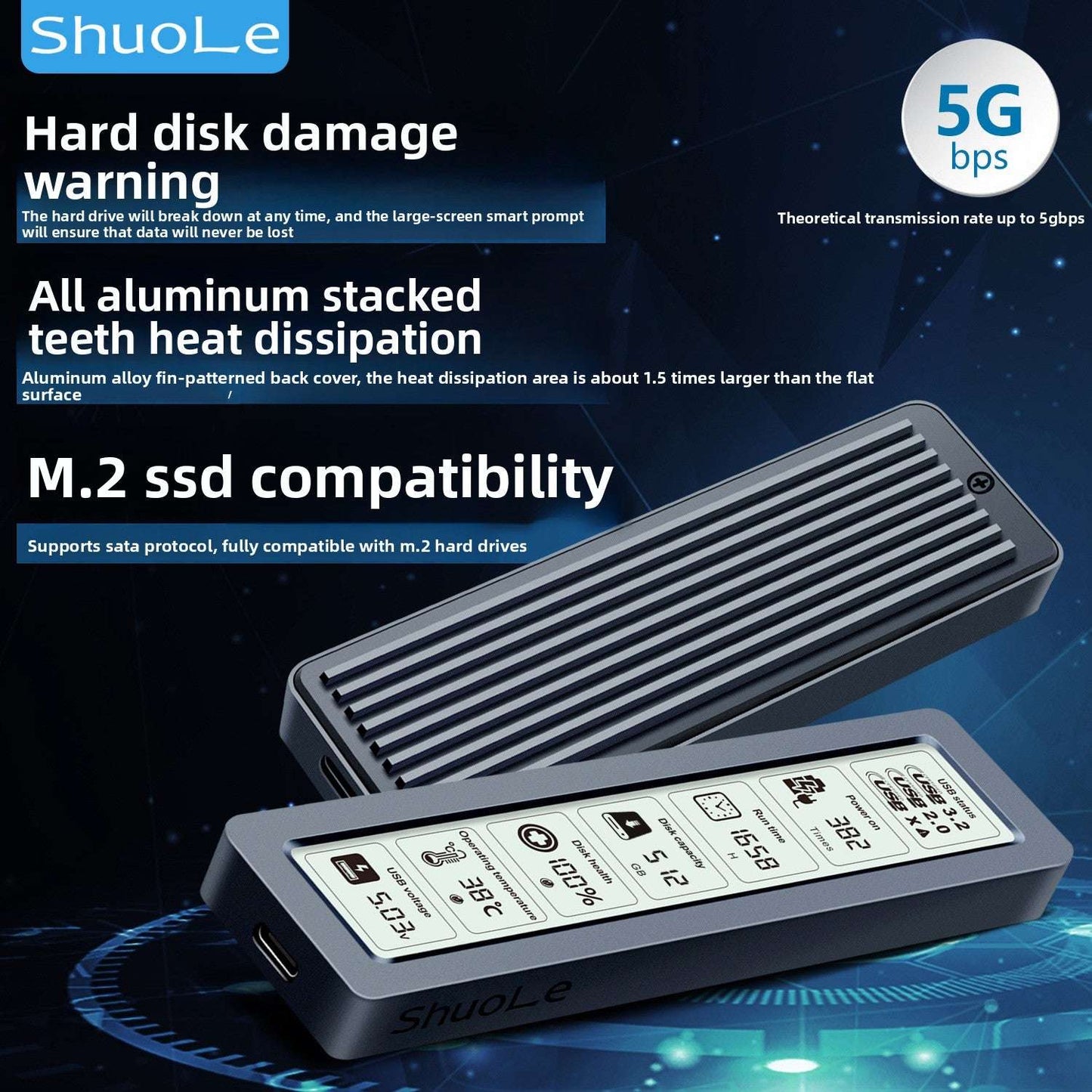 Hard Drive Box, M.2 Smart Screen Display SSD Enclosure USB, Smart Screen Display: Features a built-in screen to monitor real-time data transfer status, Universal Compatibility, Durable Build