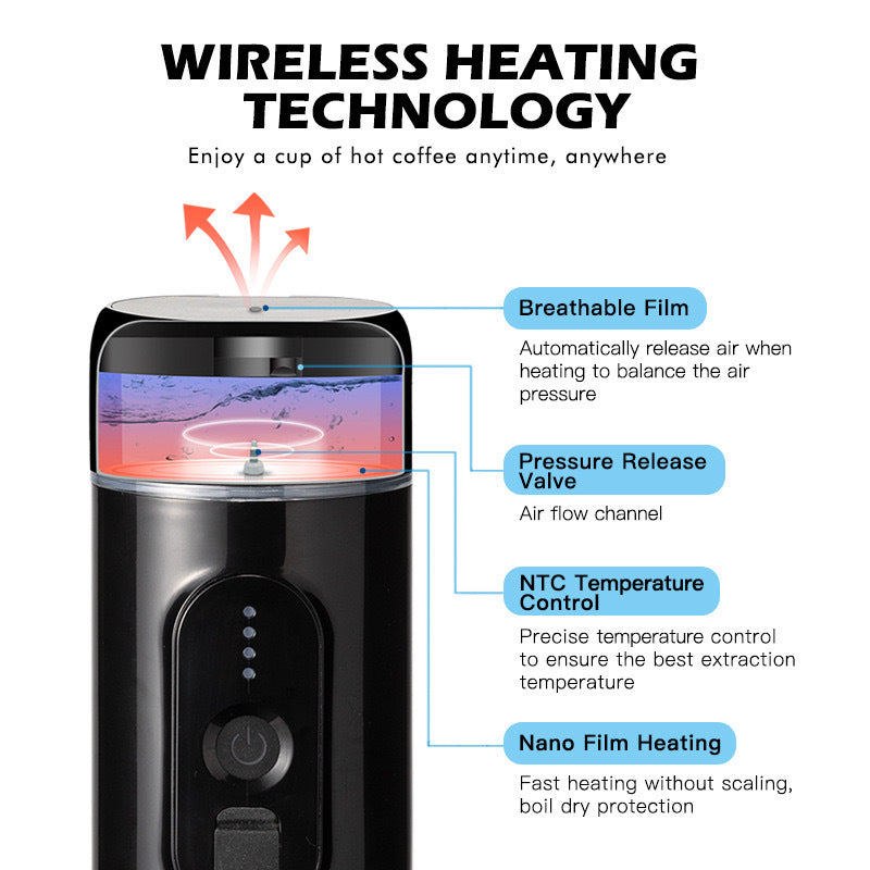 Electric coffee machine, Wireless Heating, Italian Style: Delivers authentic Italian coffee experience, Portable Design, Multi-Function: Features steam insulation heating automatic cleaning and temperature control, Easy to Clean