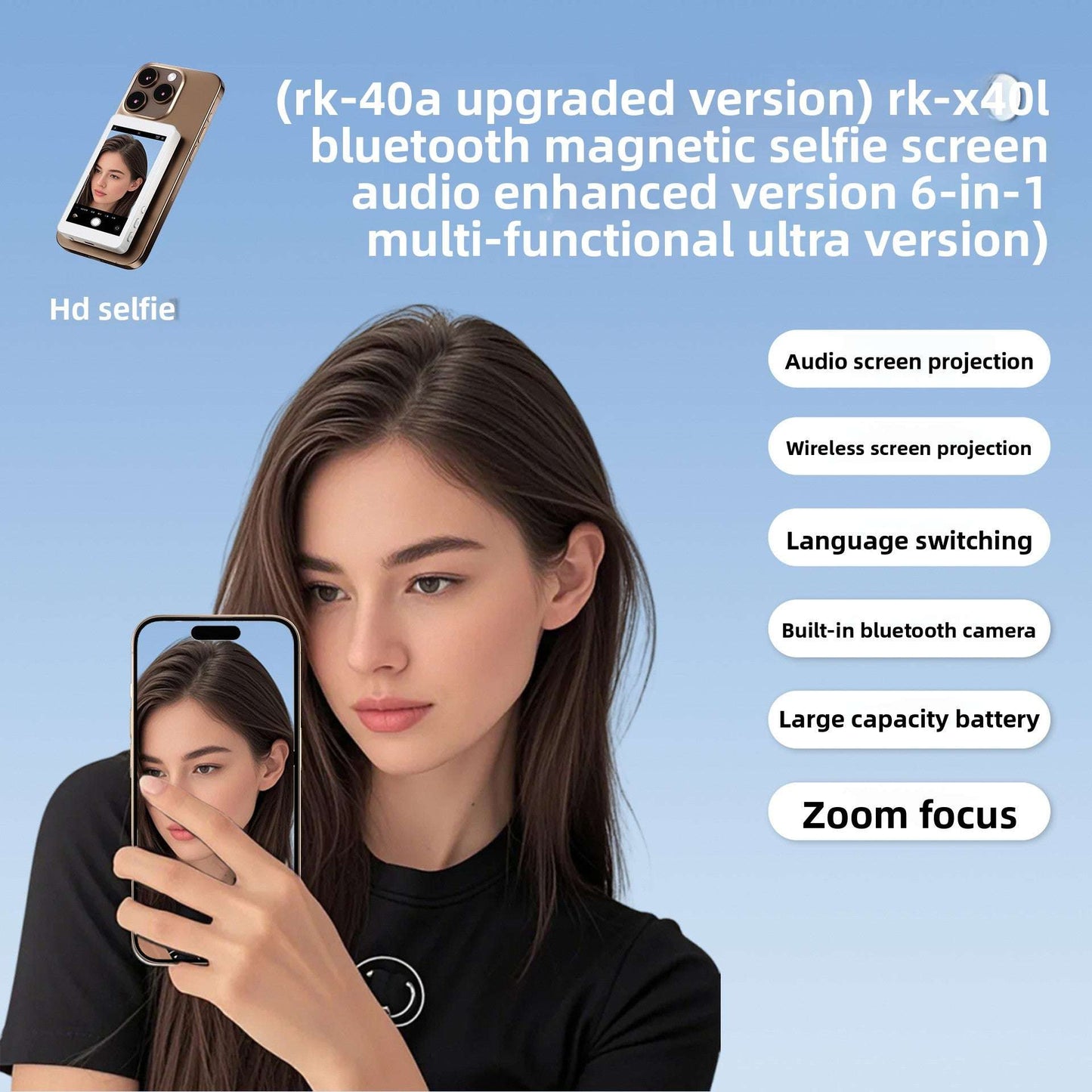 Magnetic Wireless Phone Selfie, Screen Mirror with Zoom and Audio, Magnetic Attachment, 4-inch HD Display, Multi-Platform Compatibility: Works with both iOS and Android devices via Type-C interface, Audio Support: Includes built-in audio functionality