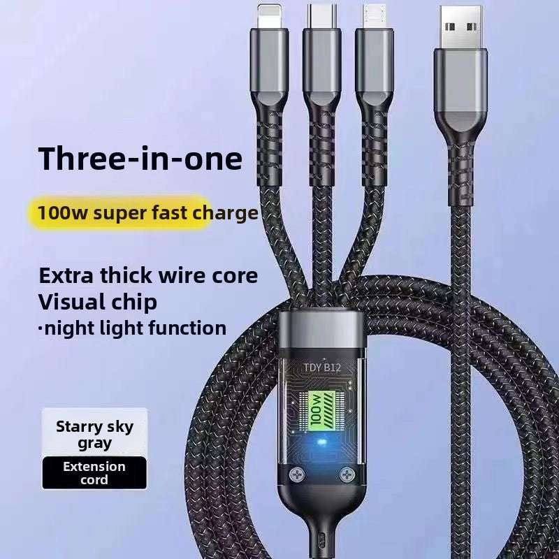 Zn Alloy Fast Cable, High Power Fast Charging: 120W output, Multi-Device Support: One-to-three design with Lightning, Micro USB, and Type-C interfaces, Wide Compatibility, Durable Material: Silicone construction for flexibility and longevity