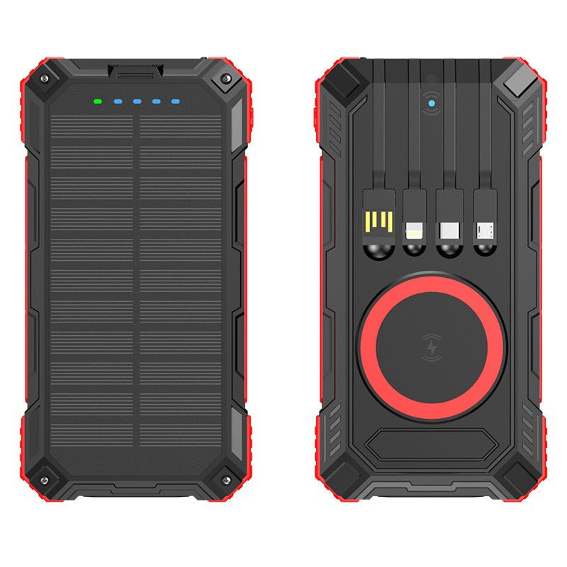 PowerBank with built-in cables and Fast Wireless charging. Equipped with a solar panel to provide emergency power in outdoor environments without access to electricity