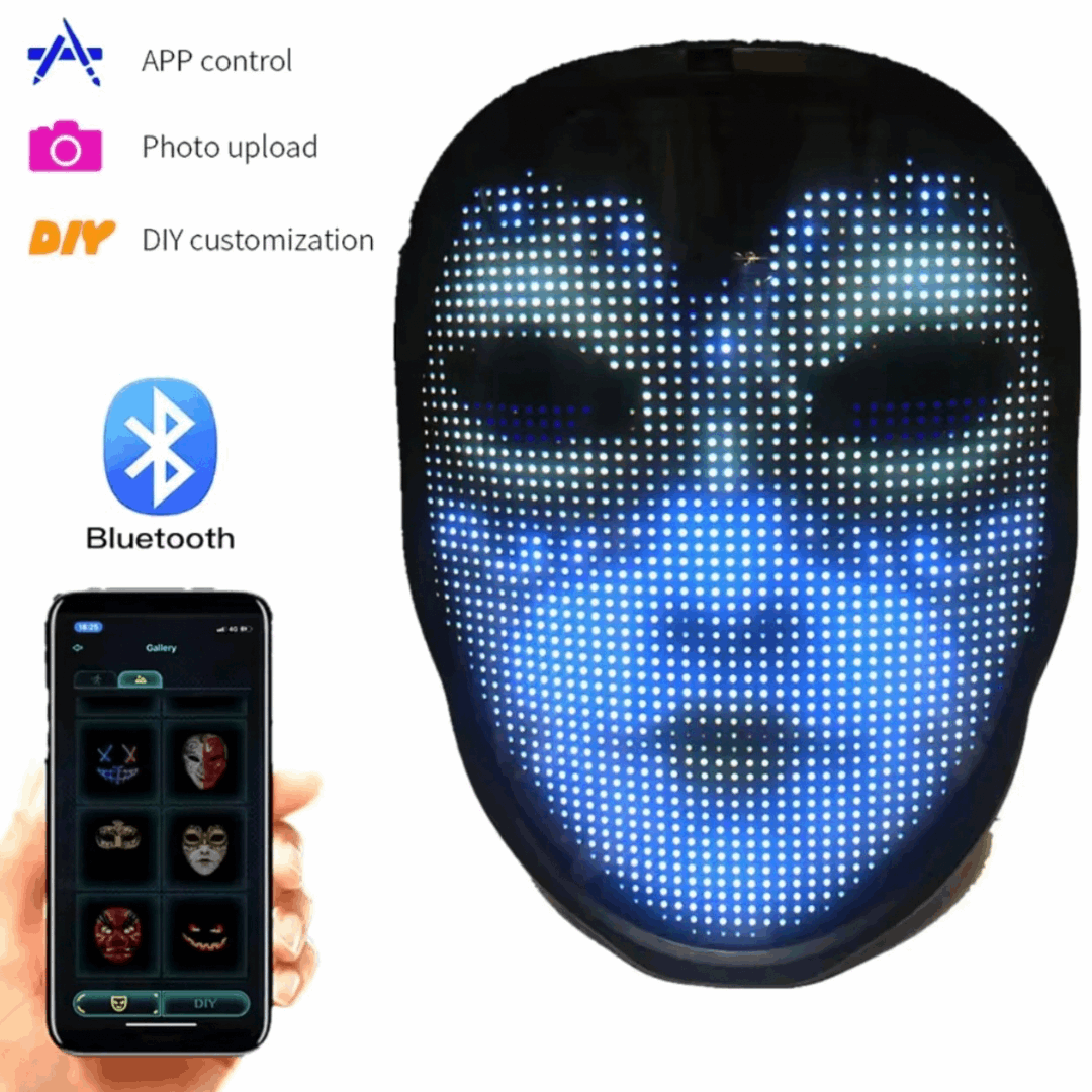 DIY Shining Bluetooth LED Face Mask, Programmable DIY Text and Animation Display, 46x58 Pixels, Music Rhythm Sync, Bluetooth app controlled, Compatible with Android and iOS devices