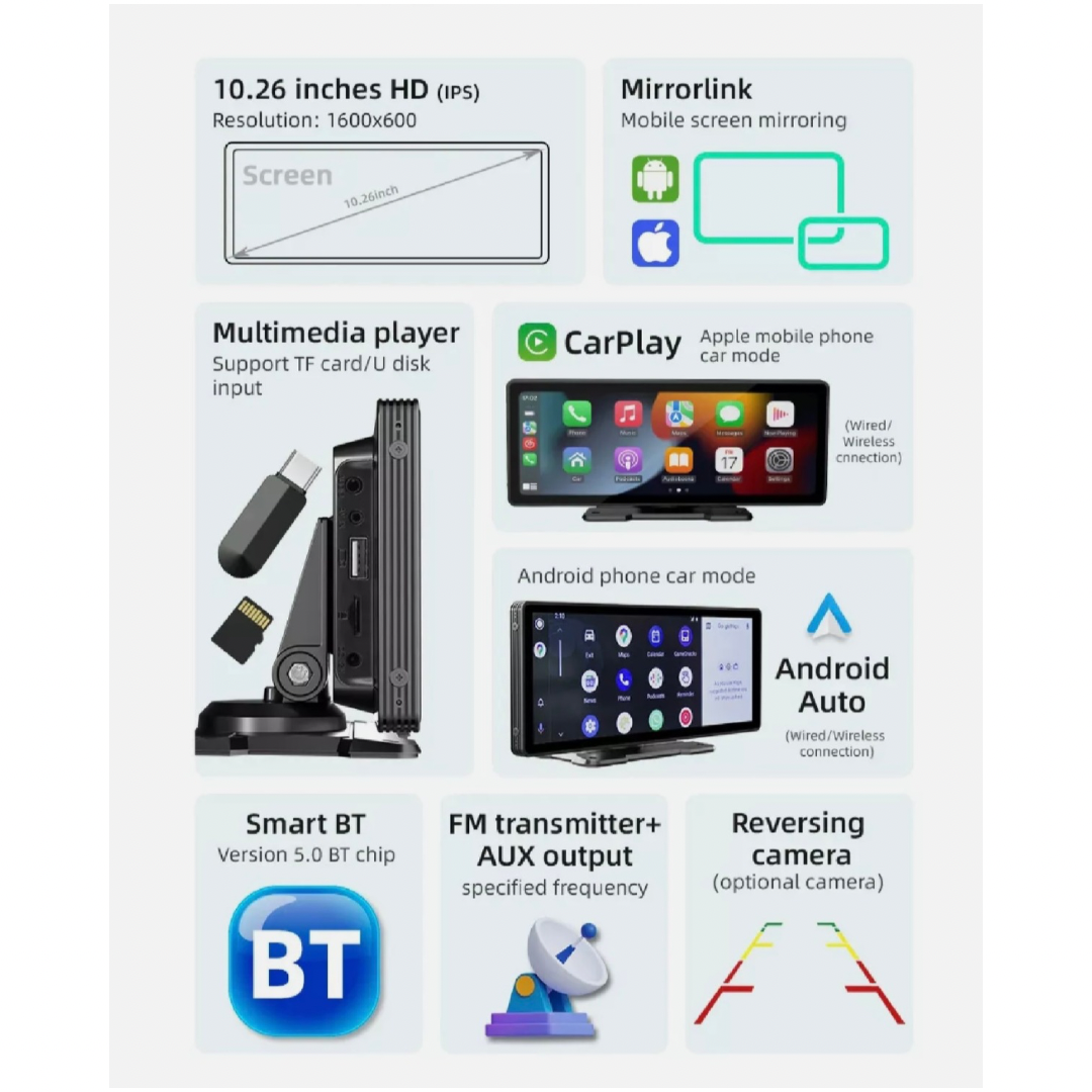 Universal Car Play Screen, Universal Compatibility, 10.26 inches of High-Quality Display, WIFI Connectivity, Radio, USB flash drive SD card (Audio\/Video\/Pictures), Bluetooth function, Wired mobile phone projection screen