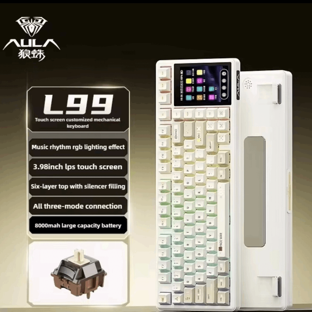 Aula L99 Mechanical Gaming Keyboard, 3.98-inch IPS Touch Screen, RGB LIGHTING: 16 million colour Backlight, SOUND OPTIMIZATION, 8000mAh Battery, Triple Connection Mode