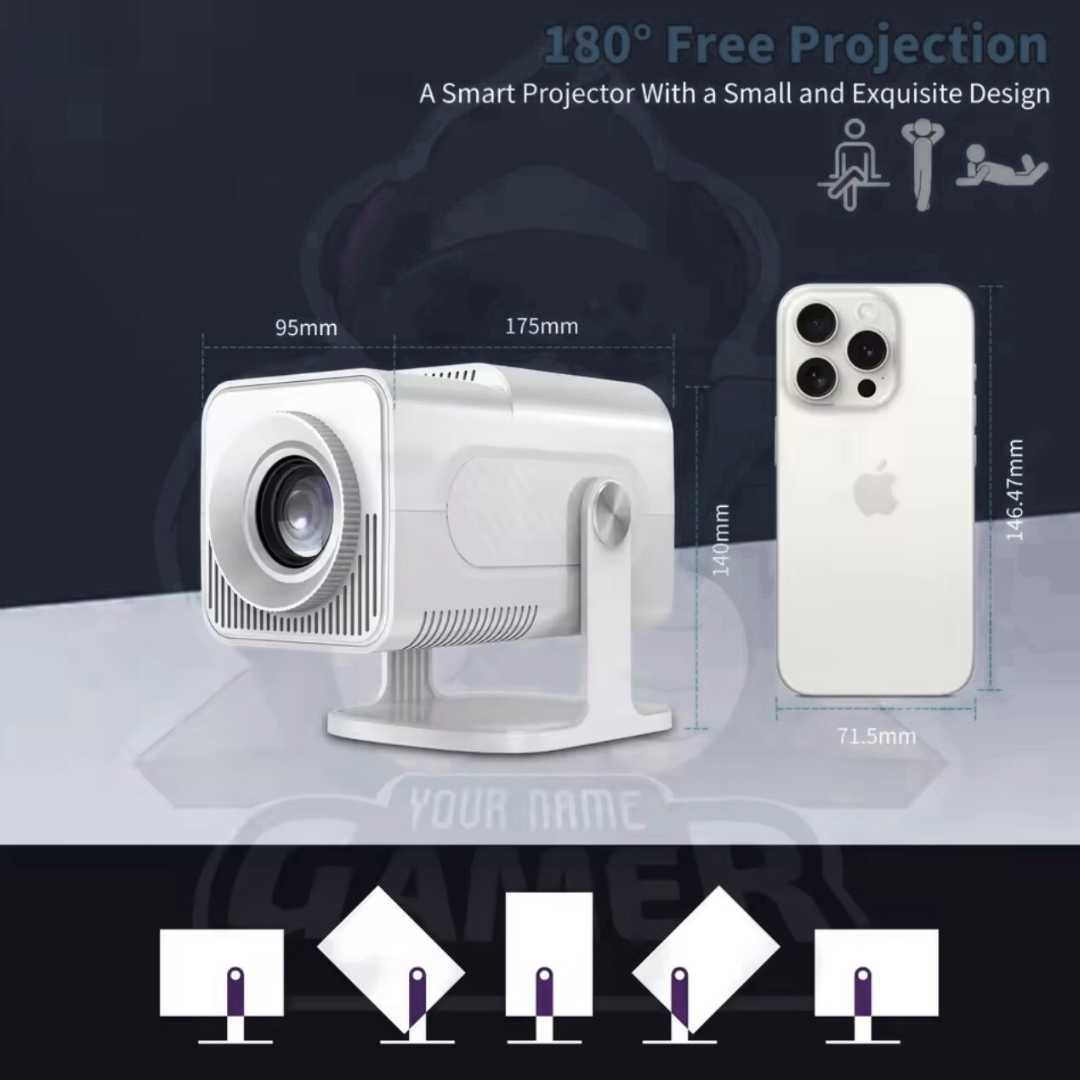 Smart projector with dimensions compared to a smartphone on a dark background