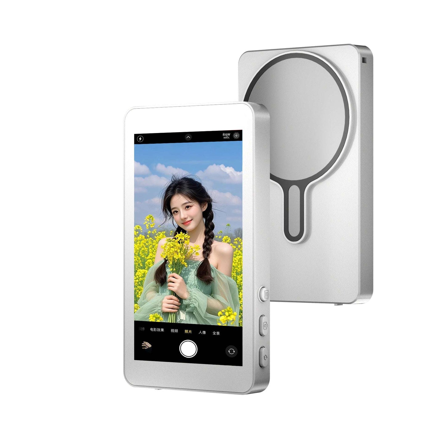 Magnetic Wireless Phone Selfie, Screen Mirror with Zoom and Audio, Magnetic Attachment, 4-inch HD Display, Multi-Platform Compatibility: Works with both iOS and Android devices via Type-C interface, Audio Support: Includes built-in audio functionality