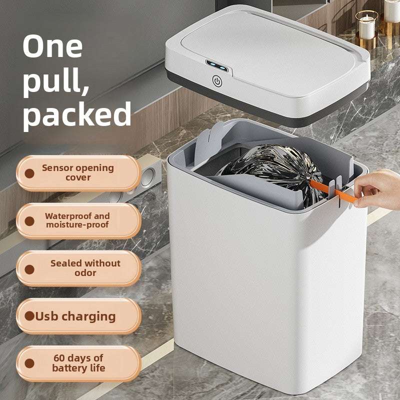 Smart Trash Can, Touch-free Operation, Automatic Packaging, Battery/Charging Options, Multi-zone Classification - Designed with compartments for efficient waste sorting, Versatile Placement - Slim design