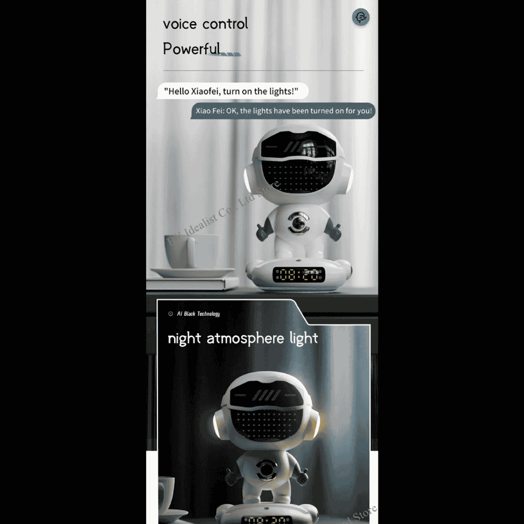 Smart AI Robot, Intelligent Conversation Wireless Speaker, AI Empowered Voice Interaction, Powerful AI Voice Model, Smart Life Assistant, Night Atmosphere Light, Long-Lasting Battery Life, Multi-Function Entertainment Hub, Premium Design & Durability