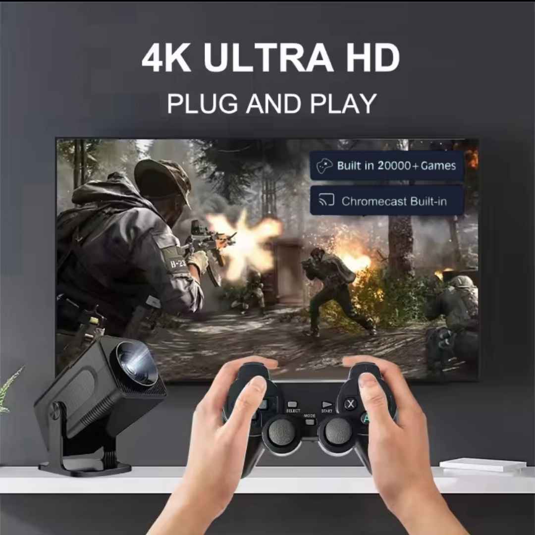 Gaming console with 4K Ultra HD display, plug and play feature, and game controller.