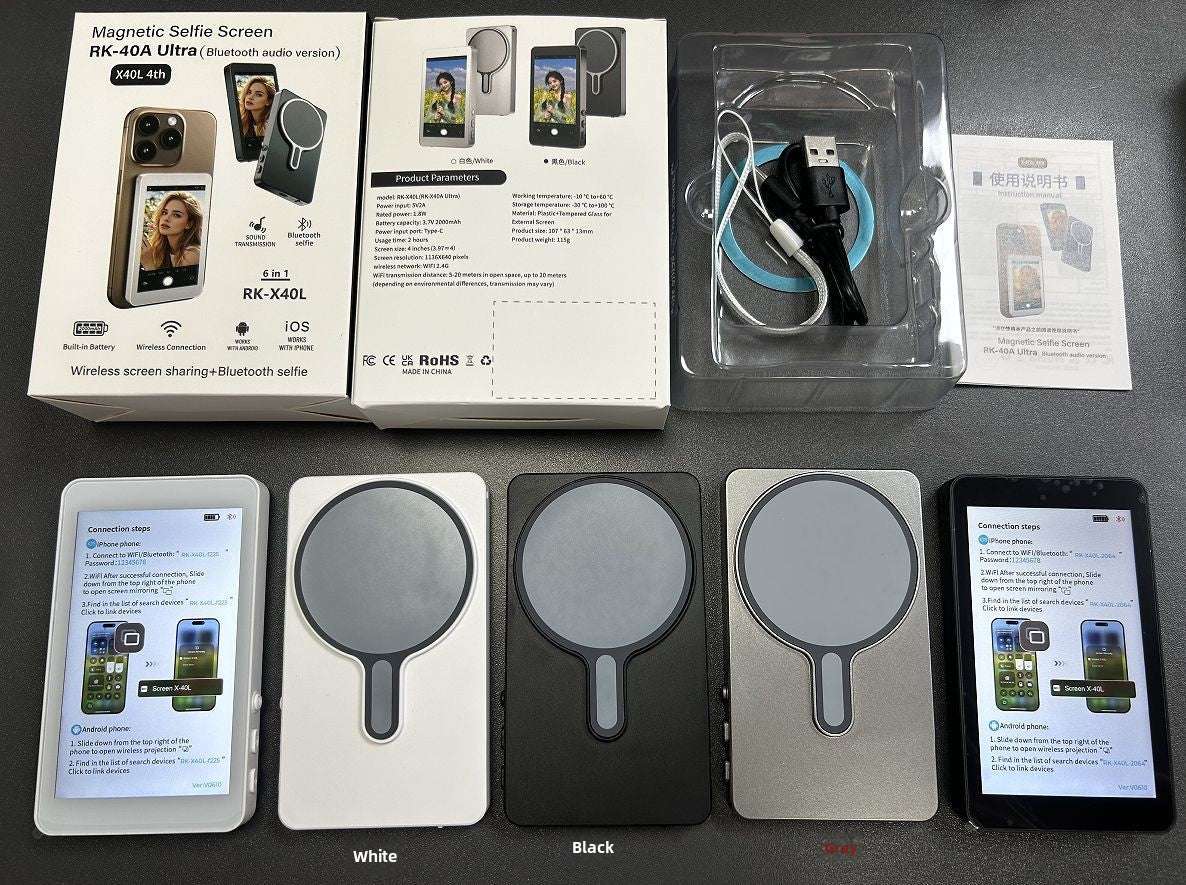 Magnetic Wireless Phone Selfie, Screen Mirror with Zoom and Audio, Magnetic Attachment, 4-inch HD Display, Multi-Platform Compatibility: Works with both iOS and Android devices via Type-C interface, Audio Support: Includes built-in audio functionality