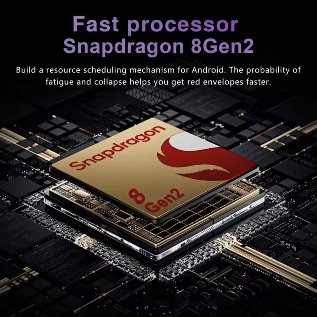 Snapdragon 8Gen2 processor on a circuit board with text about its performance.