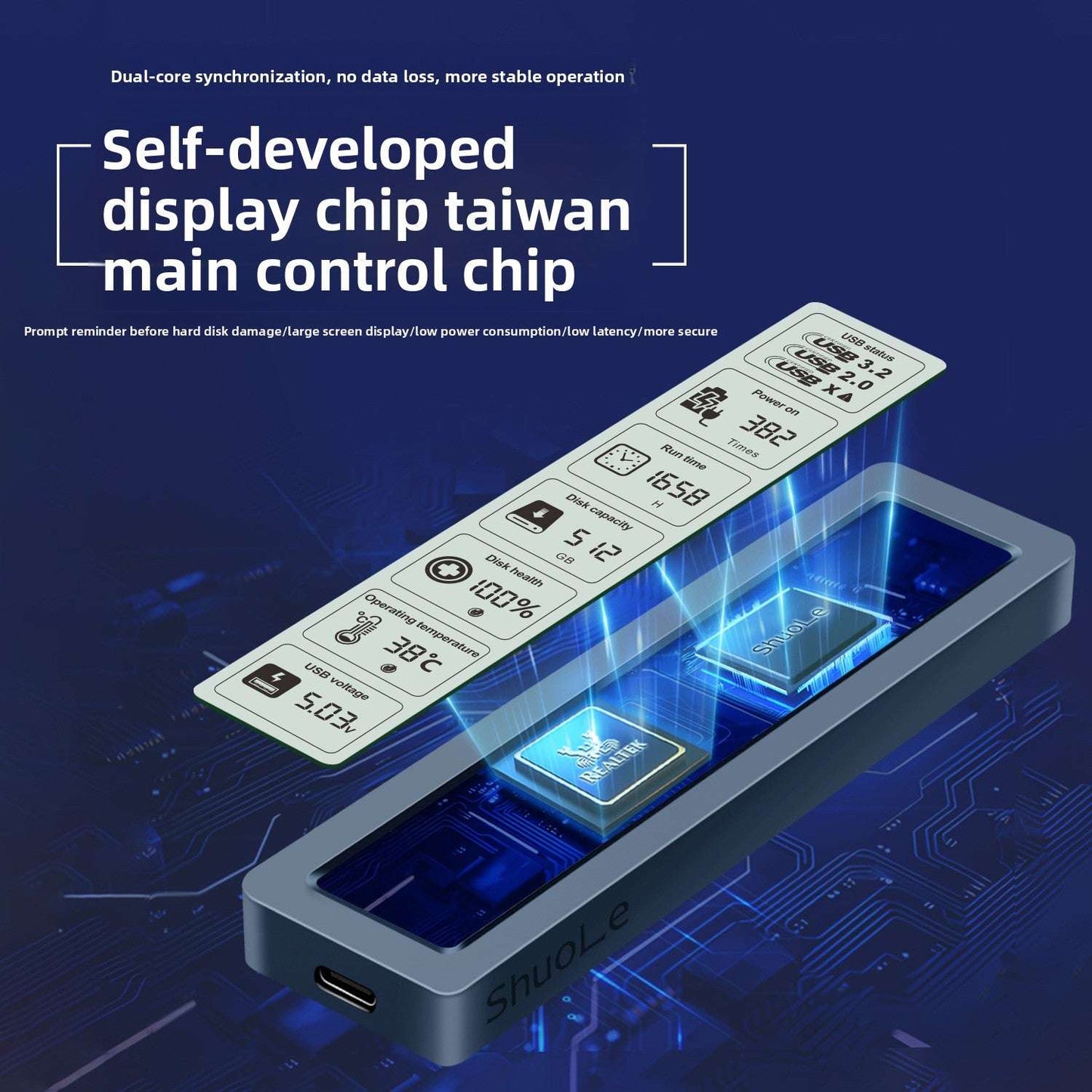Hard Drive Box, M.2 Smart Screen Display SSD Enclosure USB, Smart Screen Display: Features a built-in screen to monitor real-time data transfer status, Universal Compatibility, Durable Build