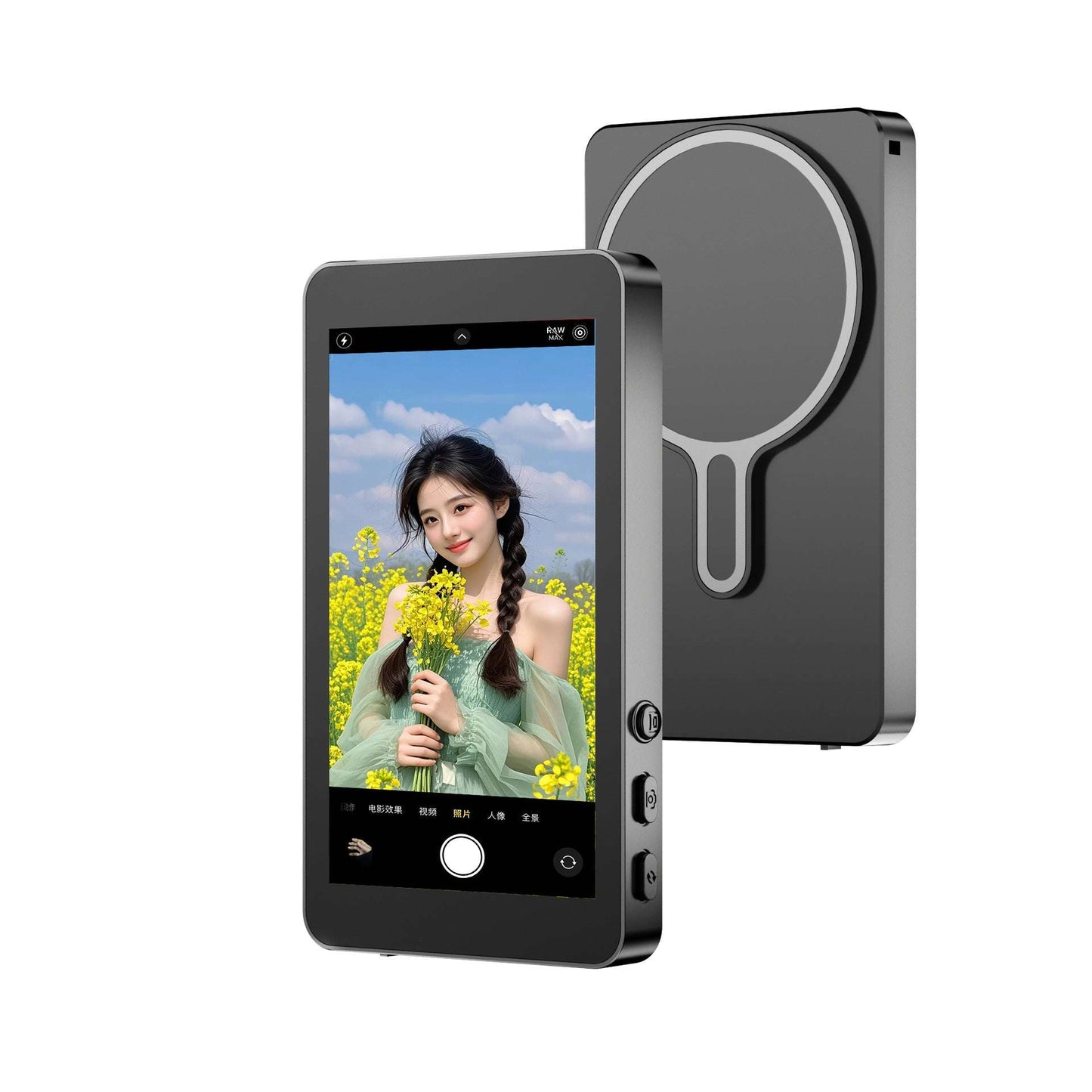 Magnetic Wireless Phone Selfie, Screen Mirror with Zoom and Audio, Magnetic Attachment, 4-inch HD Display, Multi-Platform Compatibility: Works with both iOS and Android devices via Type-C interface, Audio Support: Includes built-in audio functionality