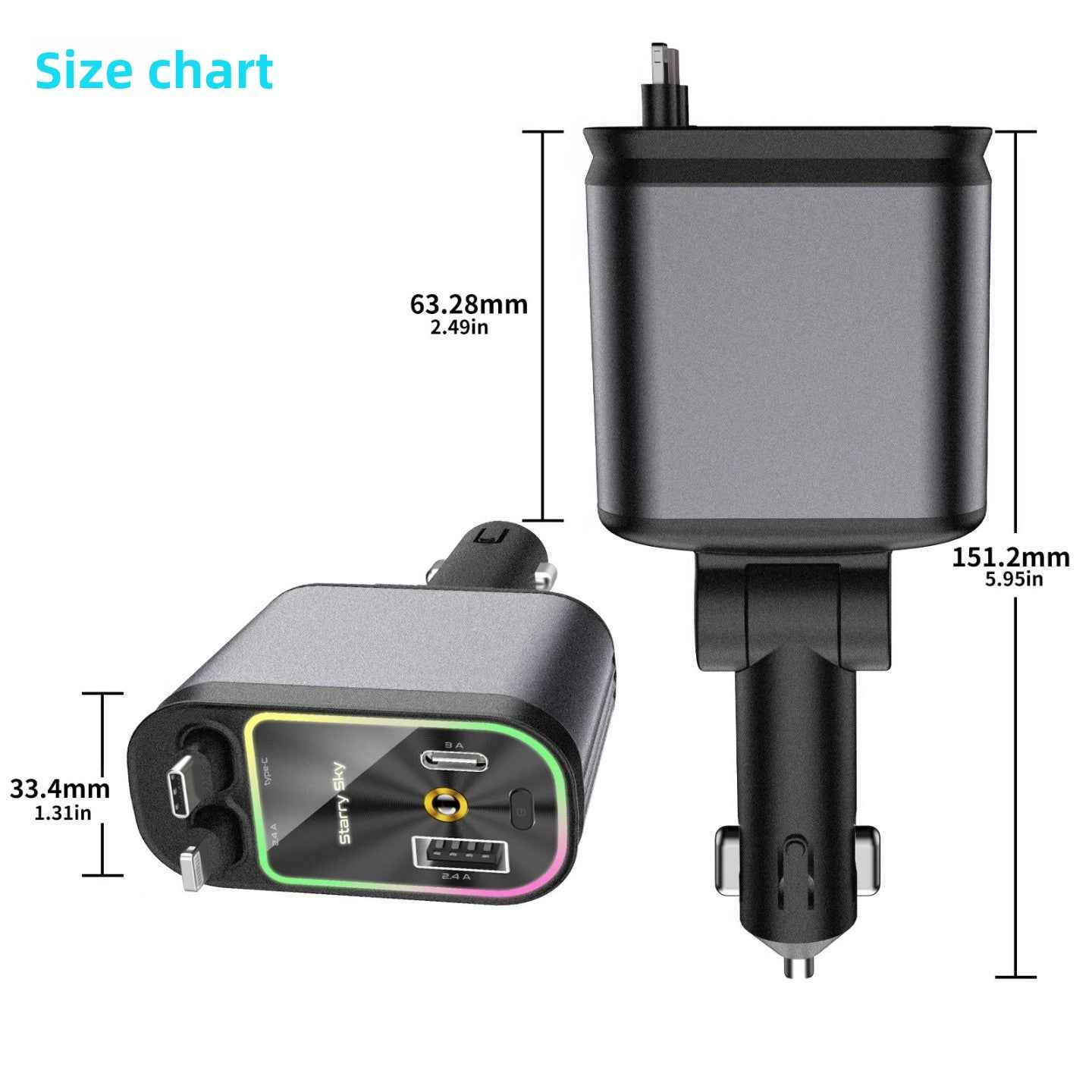 Retractable Car Charger with Fast Charging and LED starry sky light for car ceiling