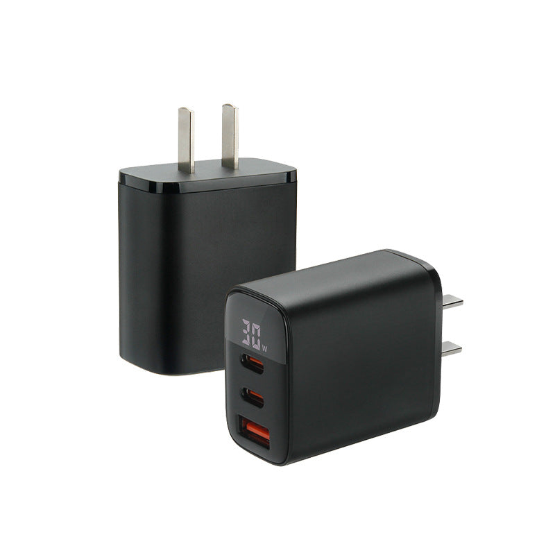 30W Triple Port Fast Charger with Digital Display, Universal Compatibility, PD Protocol: Supports Power Delivery for efficient fast charging