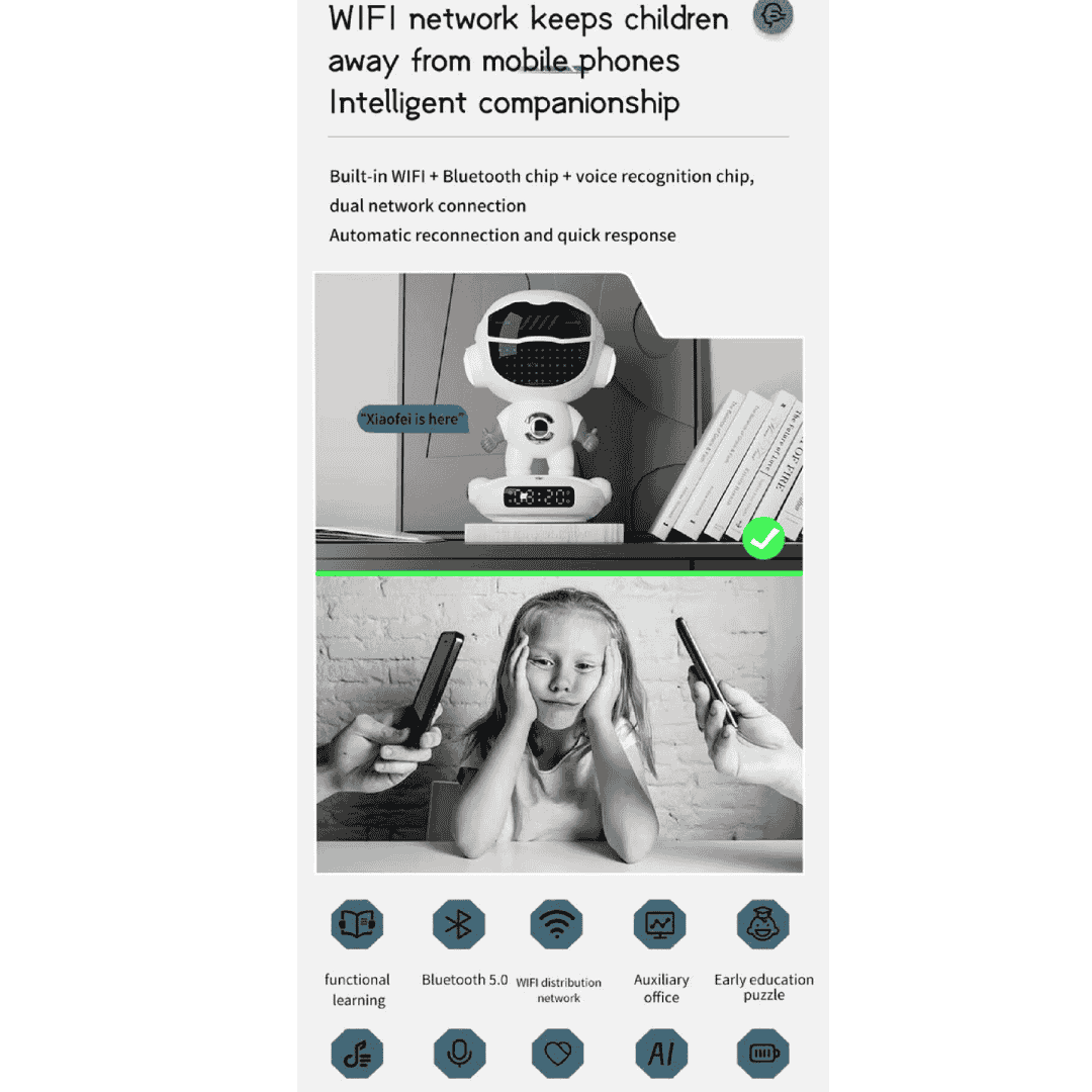 Smart AI Robot, Intelligent Conversation Wireless Speaker, AI Empowered Voice Interaction, Powerful AI Voice Model, Smart Life Assistant, Night Atmosphere Light, Long-Lasting Battery Life, Multi-Function Entertainment Hub, Premium Design & Durability