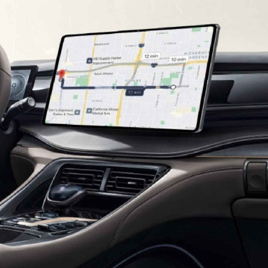 Digital tablet displaying a map on a car dashboard