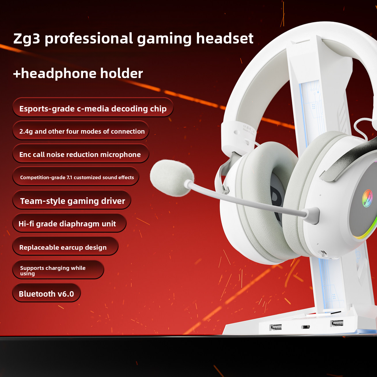 Zg3 E-Sports Gaming Headset Microphone Wireless Wired leather ear cushions