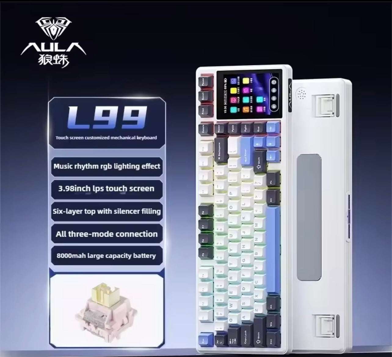 Aula L99 Mechanical Gaming Keyboard, 3.98-inch IPS Touch Screen, RGB LIGHTING: 16 million colour Backlight, SOUND OPTIMIZATION, 8000mAh Battery, Triple Connection Mode
