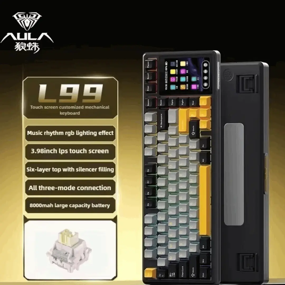 Aula L99 Mechanical Gaming Keyboard, 3.98-inch IPS Touch Screen, RGB LIGHTING: 16 million colour Backlight, SOUND OPTIMIZATION, 8000mAh Battery, Triple Connection Mode