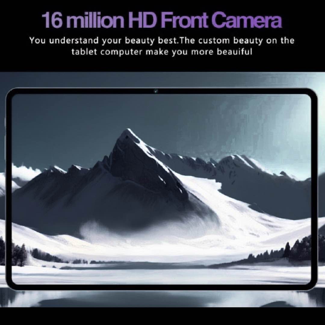 Tablet displaying a mountain landscape with promotional text about HD front camera quality.