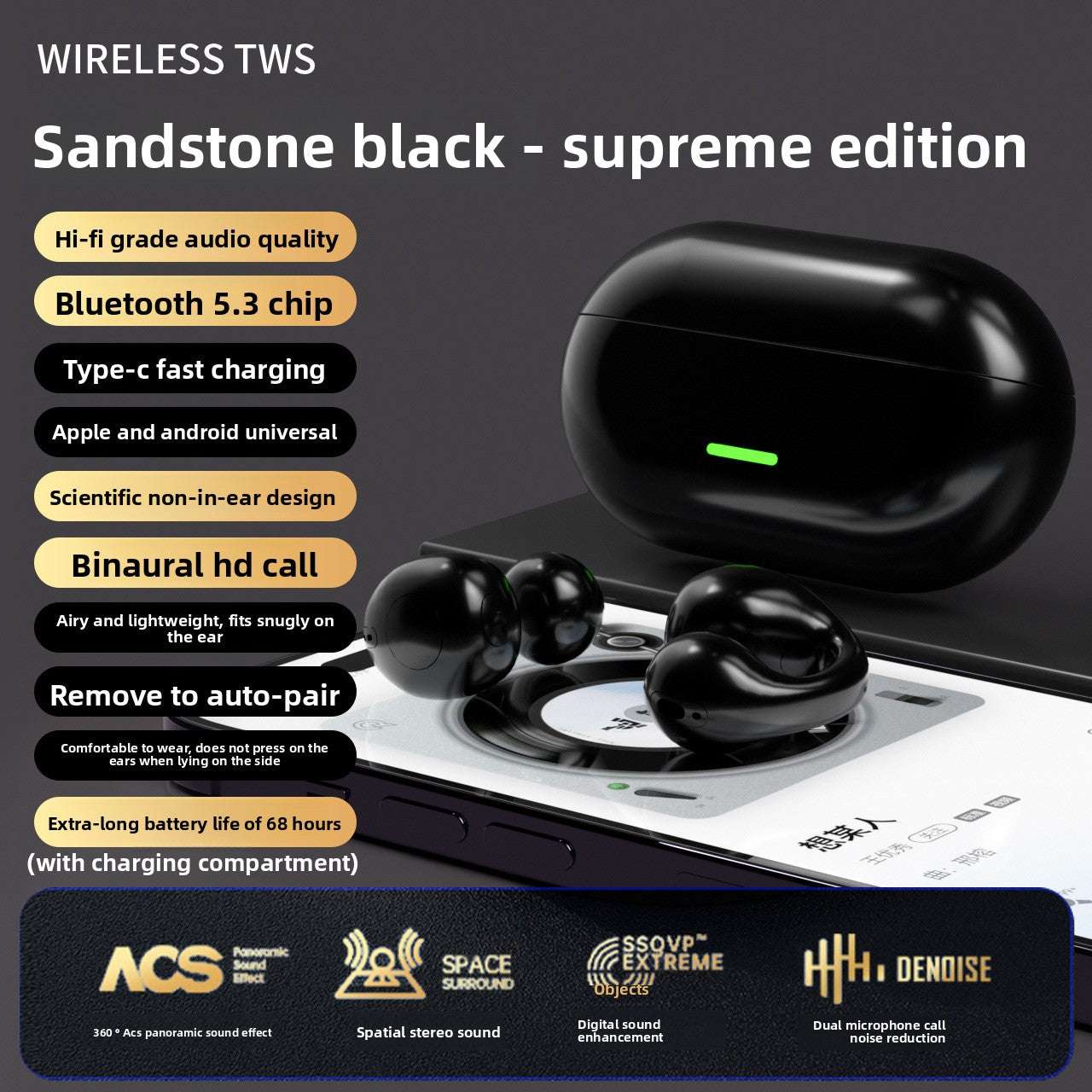 Clip Ear Bone Conduction Bluetooth Headset, Wireless Charging, Noise Reduction, Bone Conduction Technology, Bilateral Stereo, Long battery life for extended usage