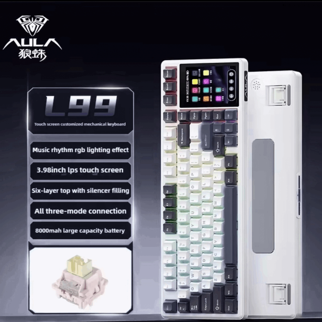 Aula L99 Mechanical Gaming Keyboard, 3.98-inch IPS Touch Screen, RGB LIGHTING: 16 million colour Backlight, SOUND OPTIMIZATION, 8000mAh Battery, Triple Connection Mode