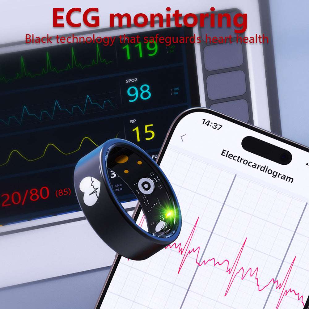 Smart Health Monitoring Ring, Multi-functional Health Monitoring: Tracks ECG body temperature heart rate, blood oxygen sleep and HRV for comprehensive health insights, Lightweight Design, Wide Compatibility, Long Battery Life: 20mAh battery