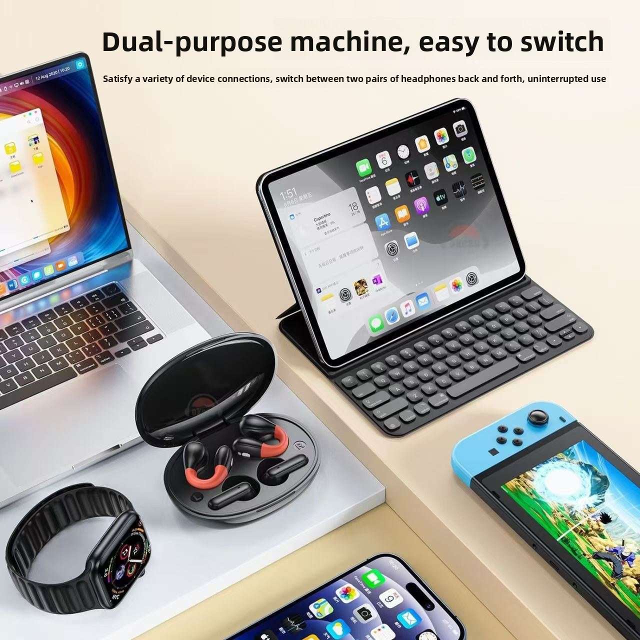 Sports over-ear headphones, Ear Clip Design, Long Battery Life, Bilateral Stereo, Low Latency, Call & Music: Supports clear calls and high-quality music playback