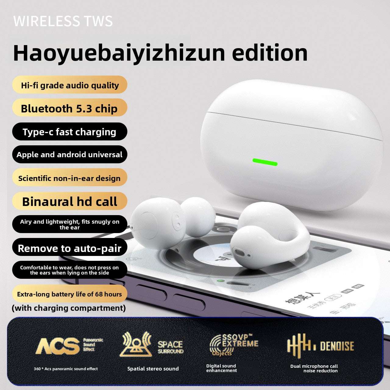 Clip Ear Bone Conduction Bluetooth Headset, Wireless Charging, Noise Reduction, Bone Conduction Technology, Bilateral Stereo, Long battery life for extended usage