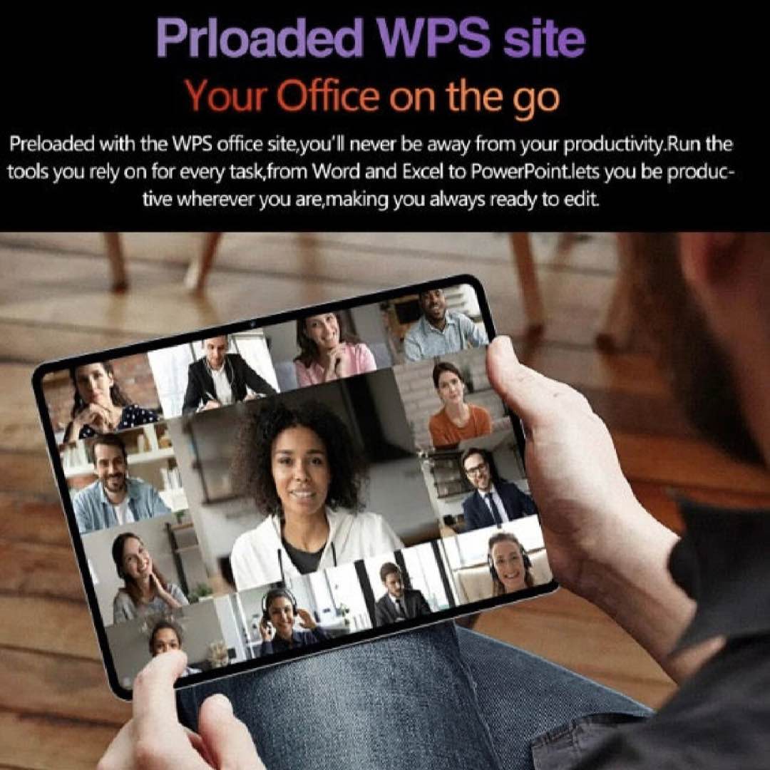 Person holding a tablet with video call interface, overlaid text about WPS office site.