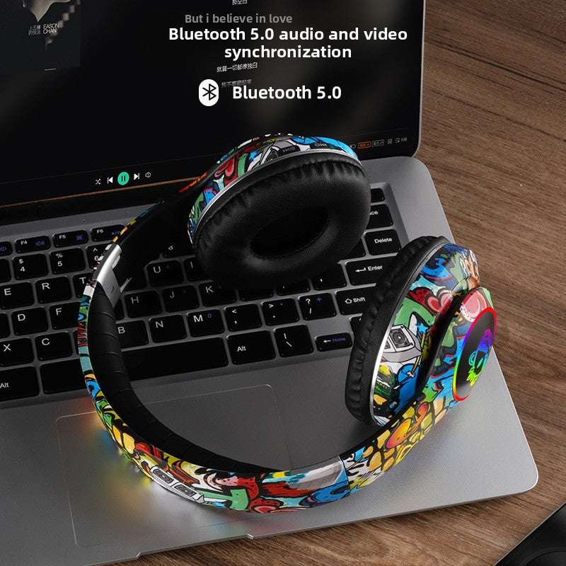 Bluetooth Glowing graffiti headphones, Luminous Design, Card Insertable- Supports memory card insertion, Multi-Compatibility, Long Battery Life 200mAh battery capacity, Lightweight 200g