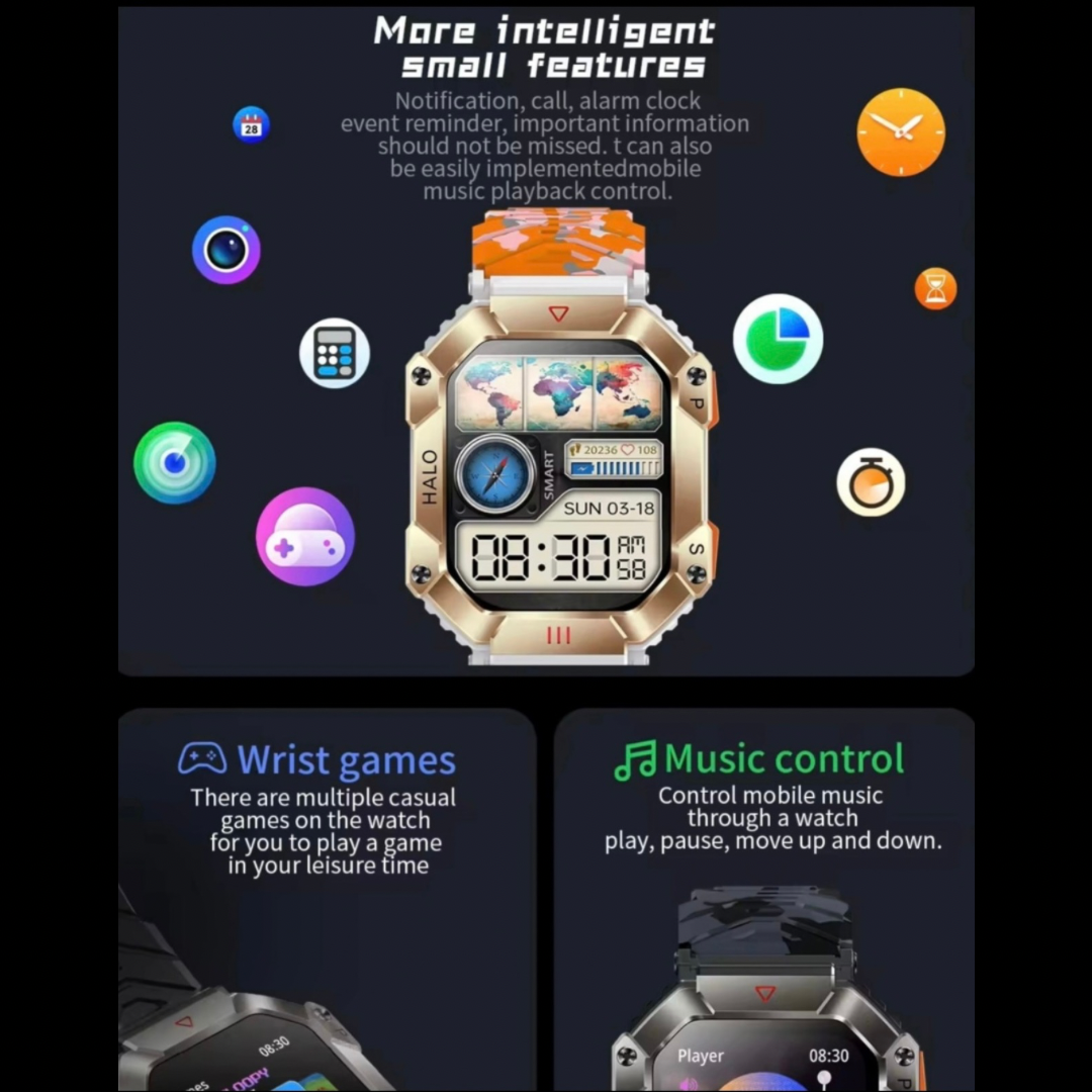 High Quality Durable Smartwatch, 2” High Definition IPS Screen, Bluetooth Call & Smart Notifications, Large Battery, Sports & Health Tracking, Compass & Waterproof Sports Design – Outdoor Electronic Watch