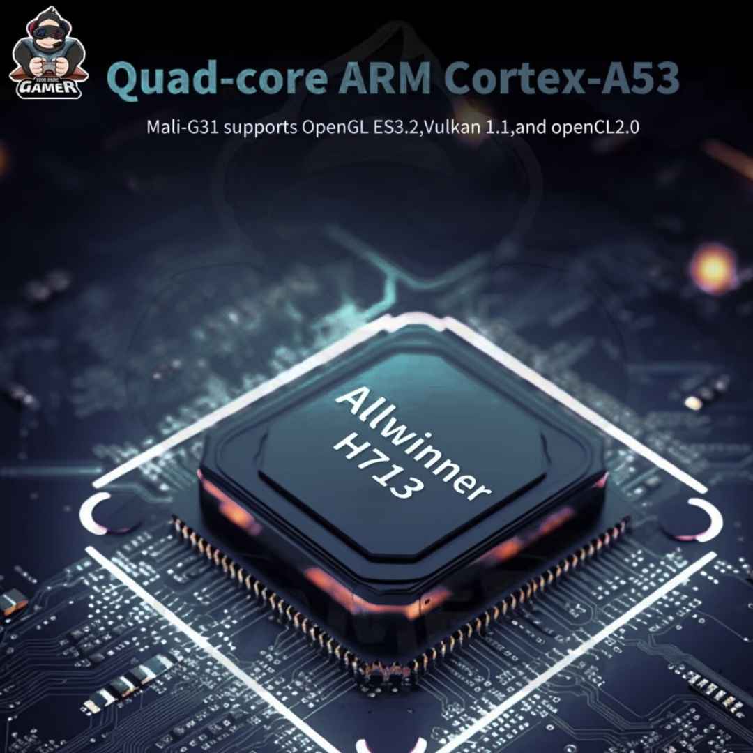 Allwinner H713 quad-core ARM Cortex-A53 processor on a circuit board with text about support for OpenGL, Vulkan, and OpenCL.