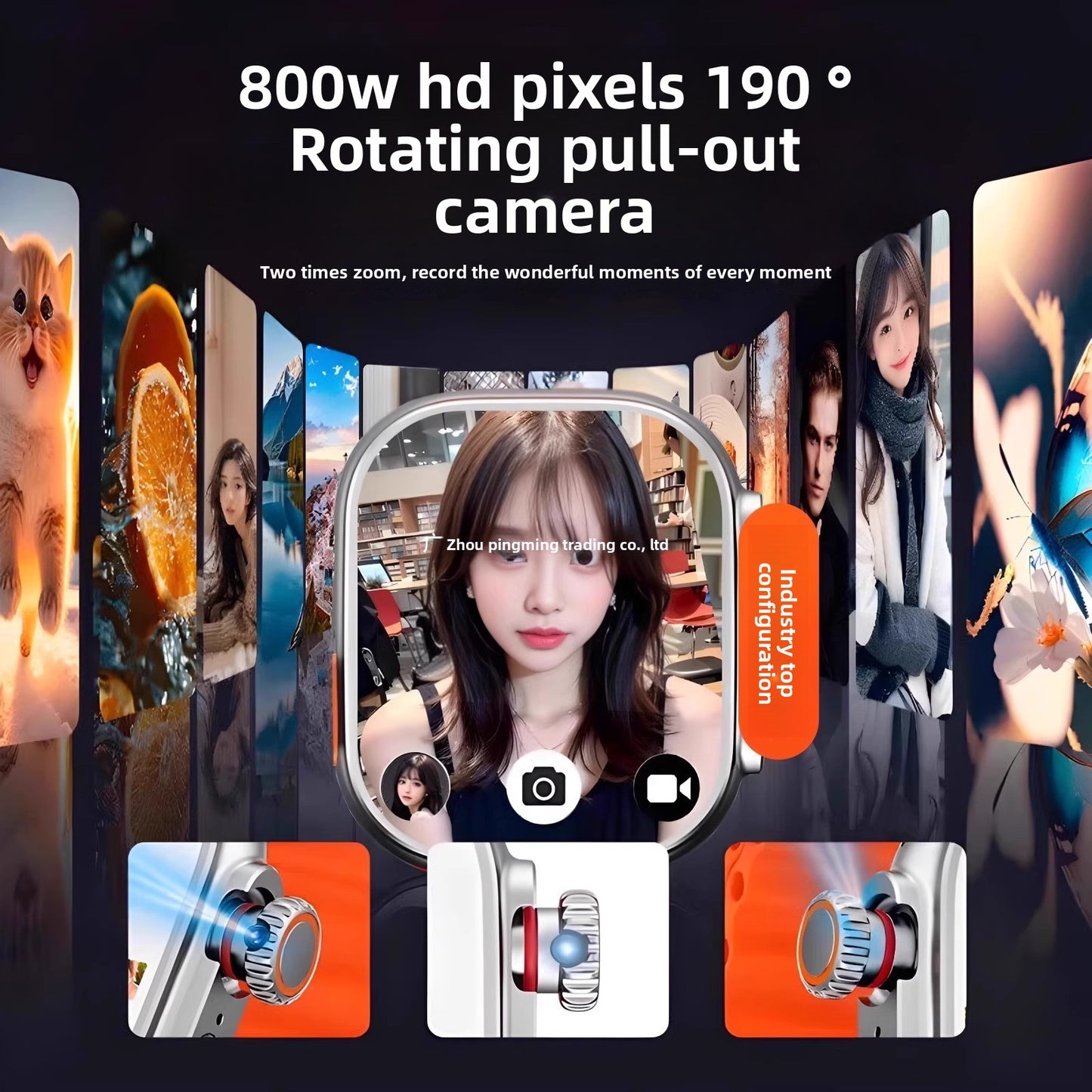 High-performance smart watch with 190° rotating camera, video call capability, and cellular speaker.