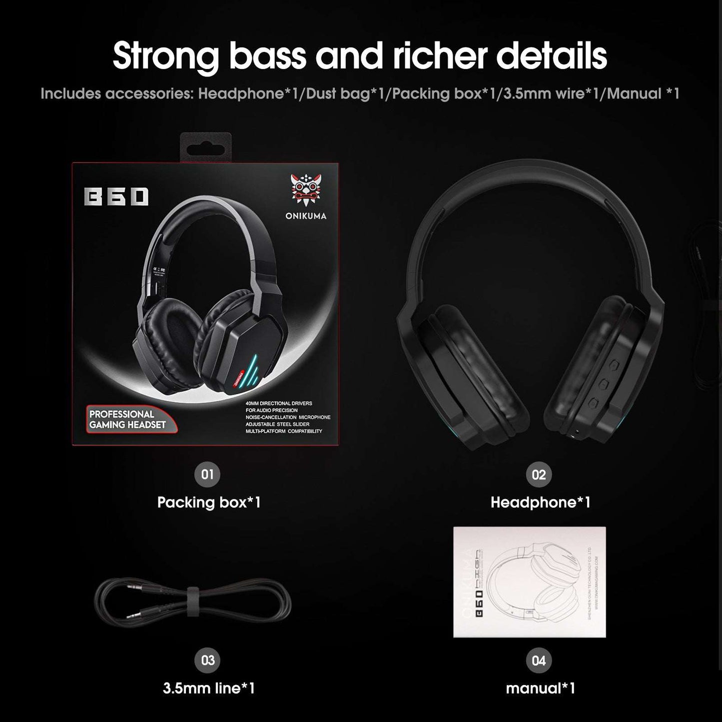 Bluetooth headphones - over-ear noise-cancelling, Comfort Design: Memory foam ear cushions and adjustable headband, Multi-Platform Compatibility, Built-in Microphone, RGB Lighting: Stylish luminous design, 500mAh rechargeable battery