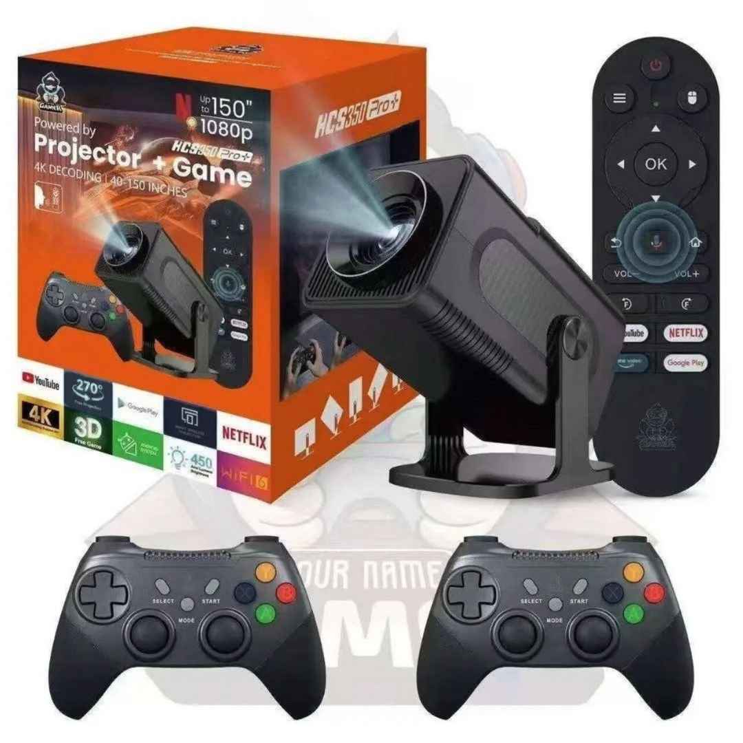 Gaming projector with controllers and packaging on a white background