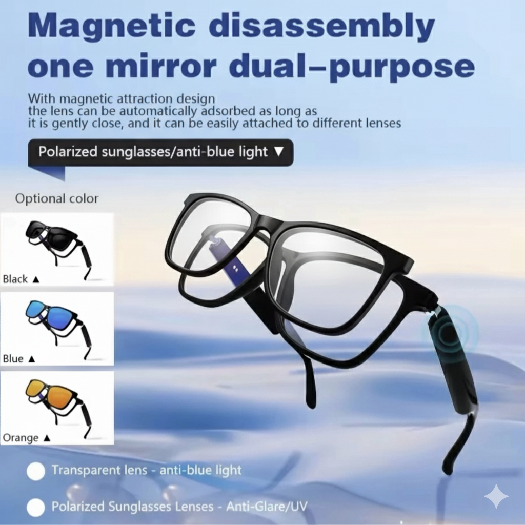 2-in-1 Bluetooth Smart (Sun)Glasses, Magnetic Disassembly, Music and Bluetooth Call Function, Smart Touch Control, Dual Magnetic Charging, Eye Protection - UV400 Polarized Lens, Automatic Pairing & Lightweight Design 27g, Compatible with Android & iOS