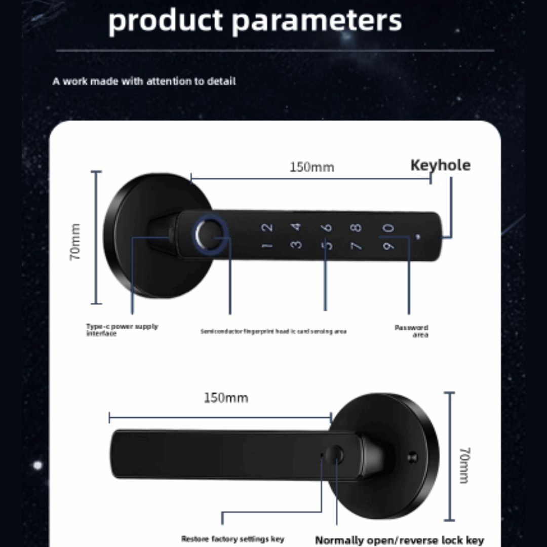 Smart Fingerprint Handle Lock, Two units per door (Smart handle outside and normal lock handle inside), Advanced fingerprint technology, Easily control and monitor, High Security, Durable Build, Versatile Unlocking: fingerprint password and key entry