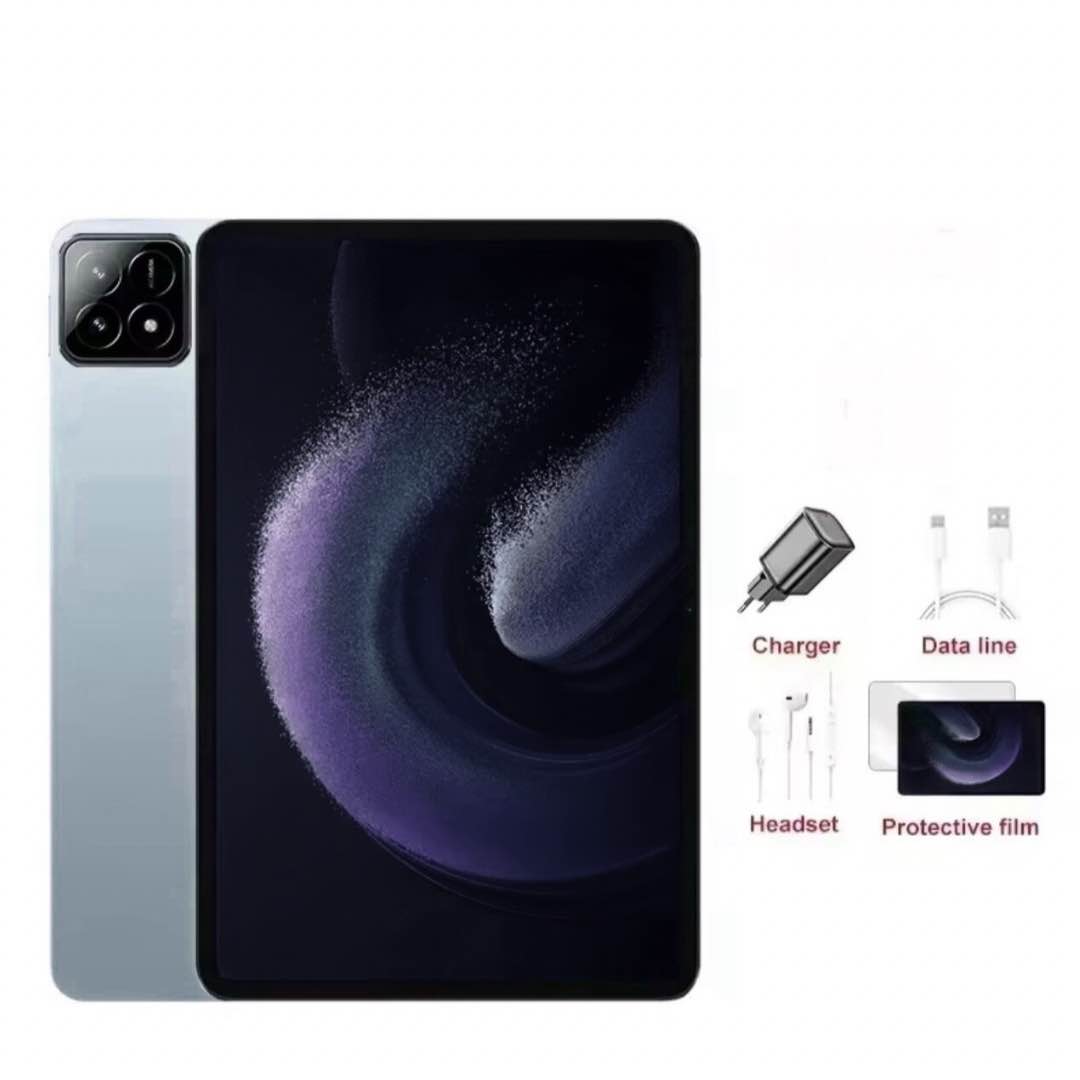 Tablet with accessories including charger, data line, headset, and protective film on a white background.