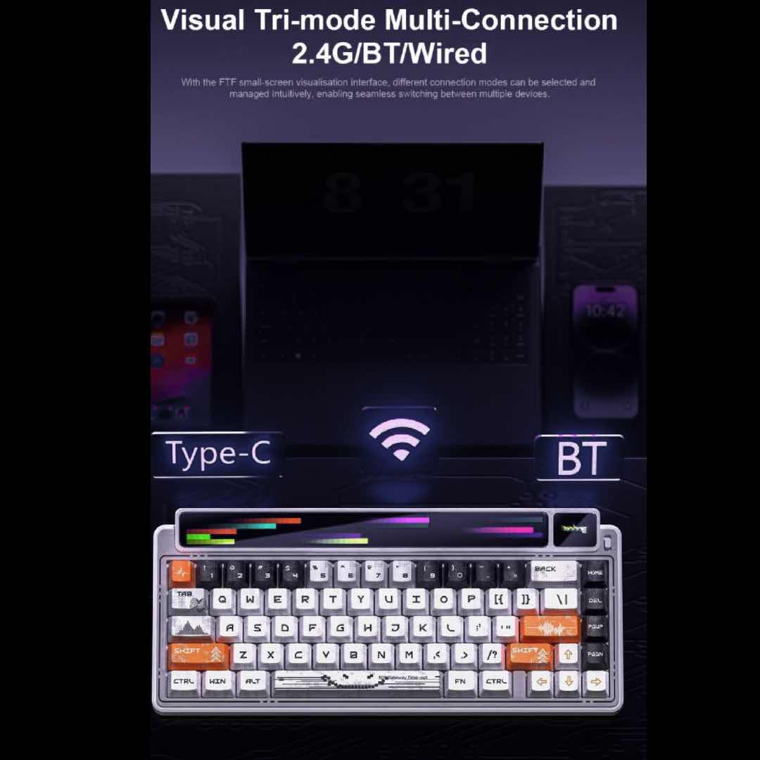 Keyboard with multiple connection options displayed on a dark background